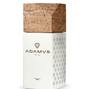 Adamvs Dry Gin bottle with a large cork stopper on top and a white, perforated body against a white background, featuring a gold logo.