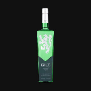 Green glass gin bottle with silver cap and white crest, labeled 'GILT' against a black background.