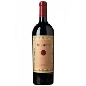 Masseto red wine bottle with beige label and red foil cap on a white background sky
