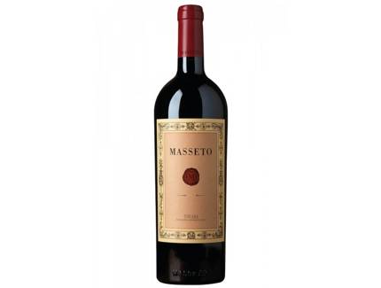 Masseto red wine bottle with beige label and red foil cap on a white background sky