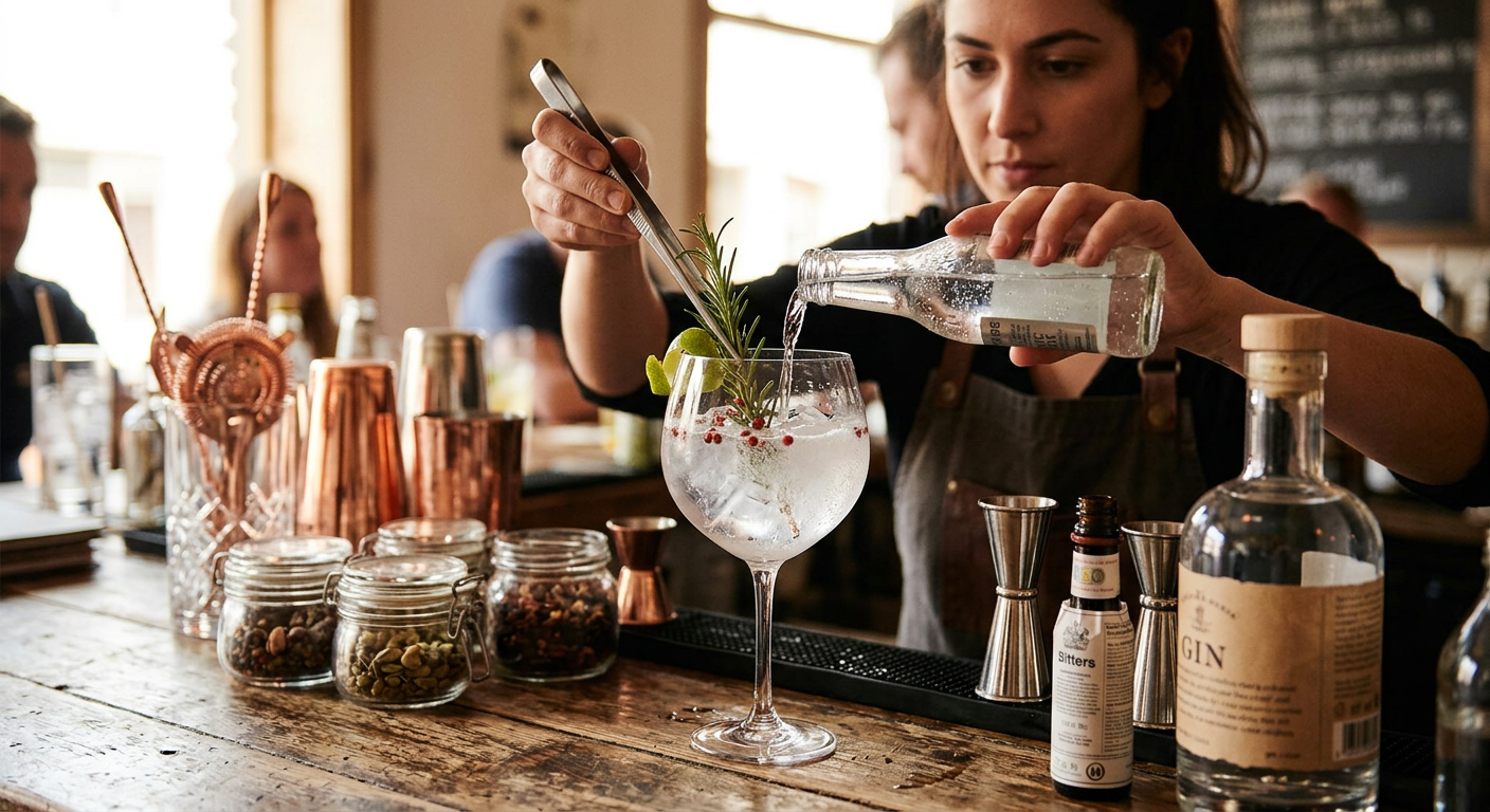 Bartender pouring tonic water into a large glass with ice, garnished with rosemary and lime